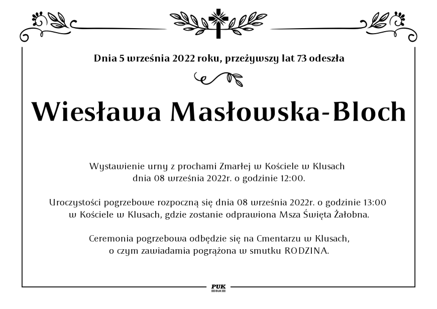 Wiesława Masłowska-Bloch - nekrolog